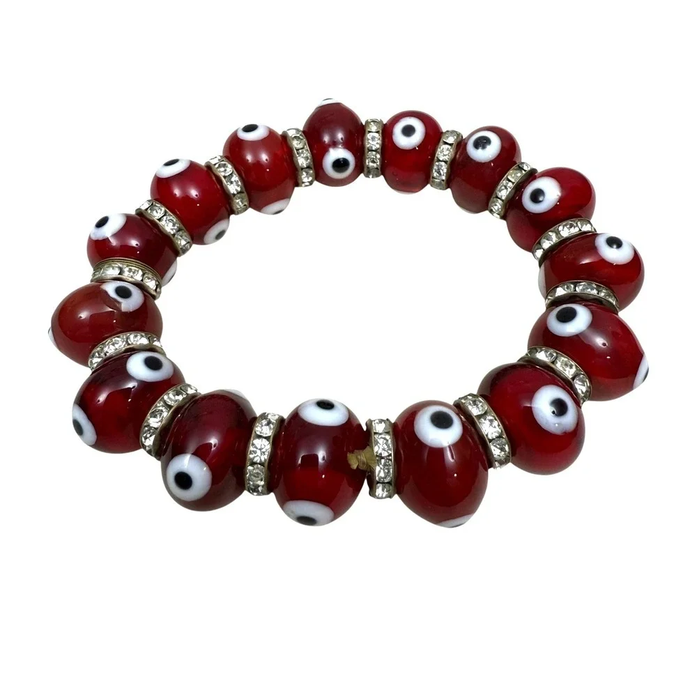 Evil Eye Bracelet Glass Lampwork Bead 10mm Stretch Good Luck Kabbalah Protection